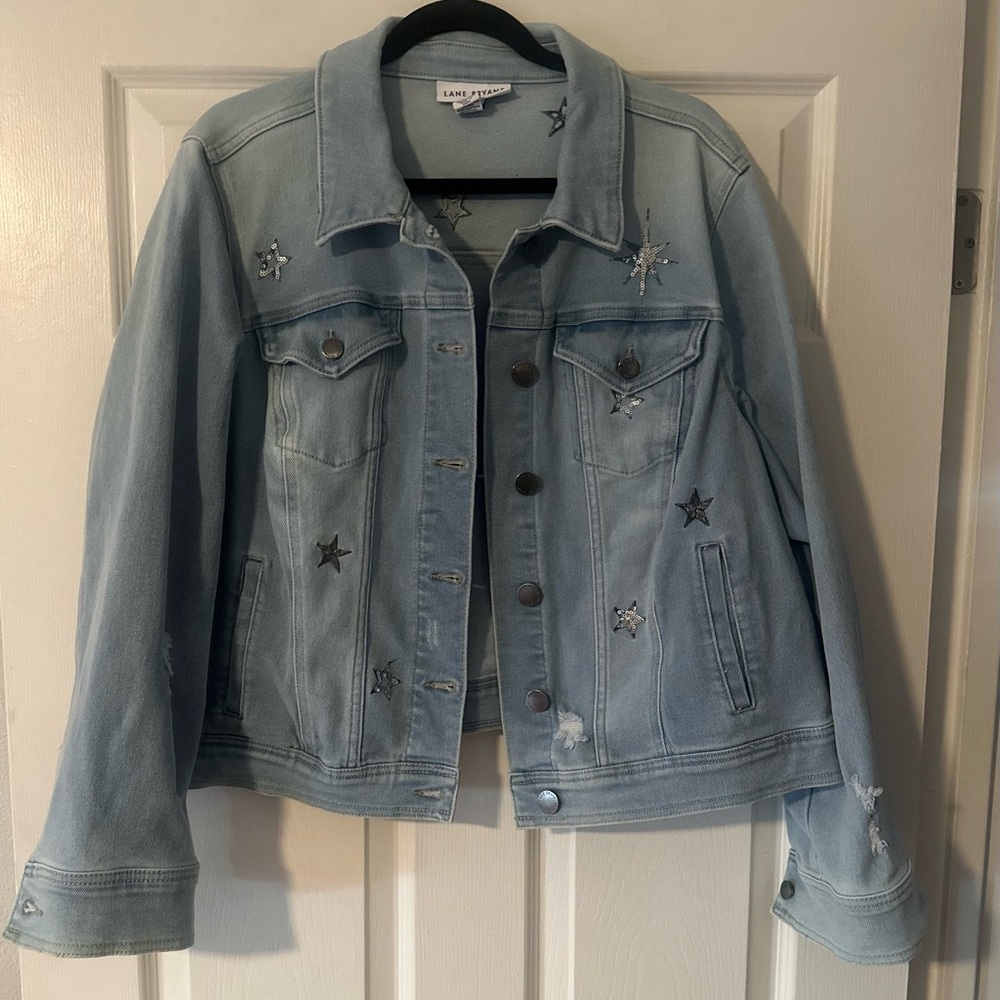 Women’s Lane Bryant Distressed Stretch Denim Sequin Stars Embroidered Jacket 18